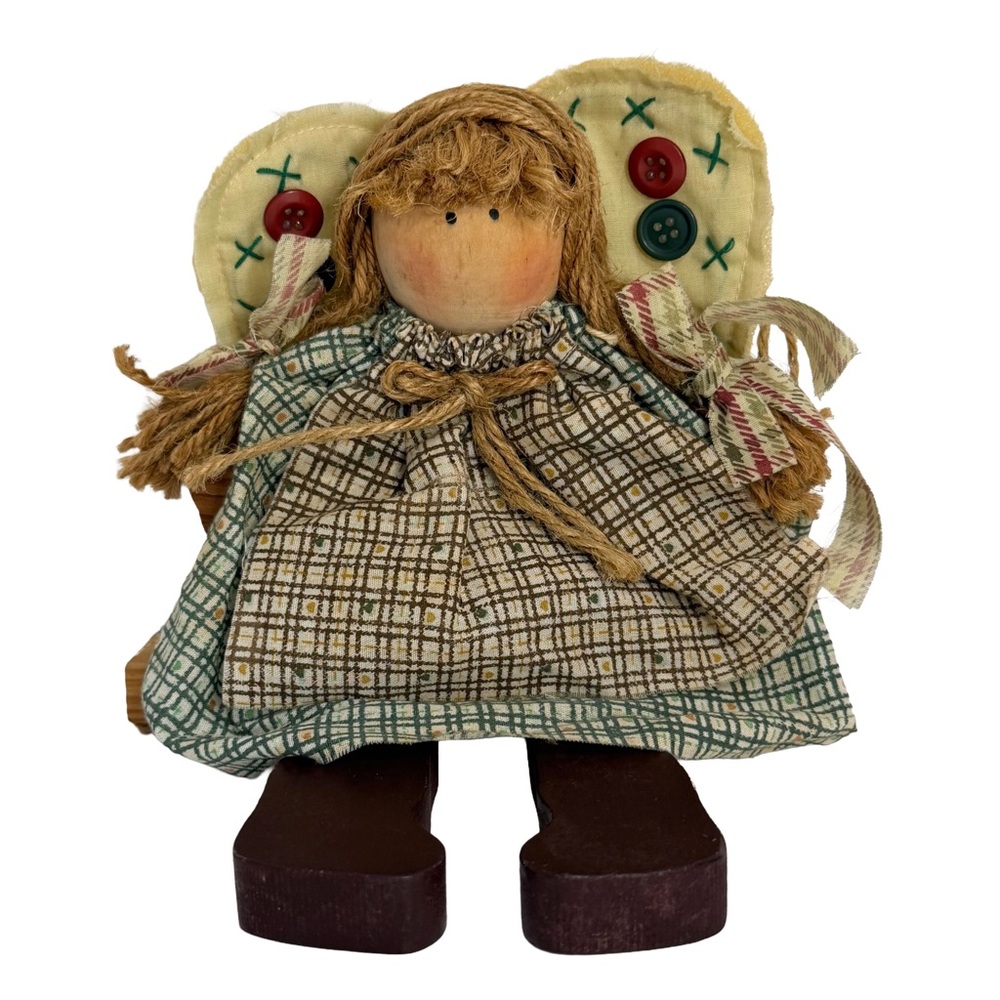 Primitive Folk Art Style Angel Doll Button Wings Rustic Country Farmhouse Decor